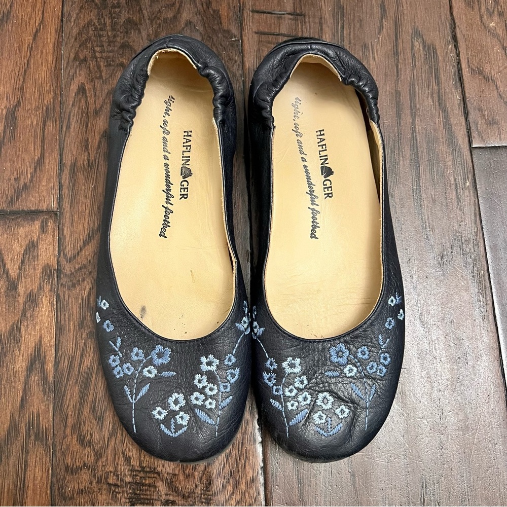 Haflinger Black Leather Ballet Flats with Blue Floral Embroidery